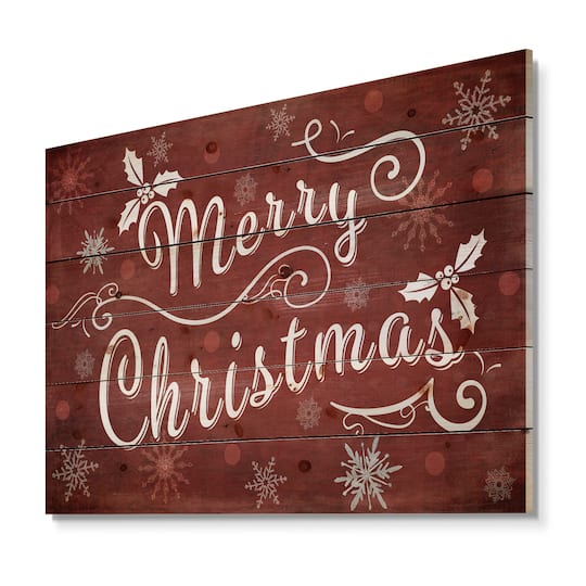 Designart Merry Christmas on Red Print on Natural Pine Wood